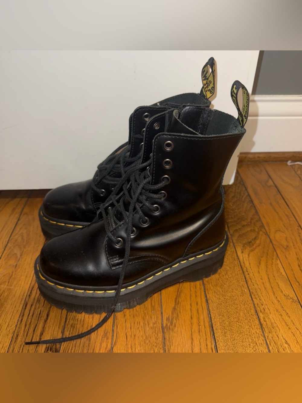 Dr. Martens Black Leather Lace-Up Platform Boots with Yellow Stitching